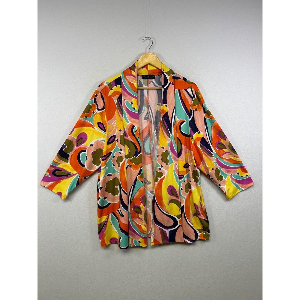 Boho Retro Travel Elements Womens 2X Multicolor Psychedelic Open Front Cardigan